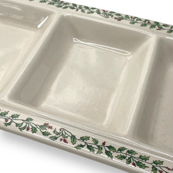 Ceramic Christmas Vintage Off White Holly Berry Trim Platter w/ 3 Compartments - Picture 6 of 13